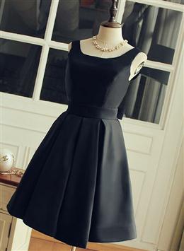 Picture of Cute Short Black Color Satin Knee Length Homecoming Dresses, Black Color Party Dresses